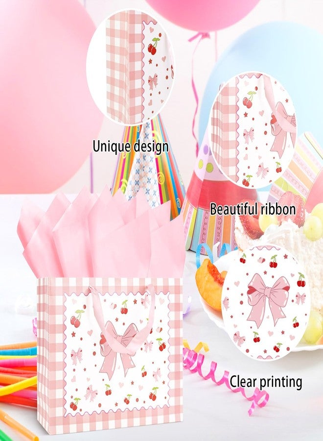 MUNILAIL 13 Inches Pink Bow Gift Bag Bow Cherry Gift Bag with Handle Tissue Paper and Greeting Card for Girls Birthday Party Baby Shower Large Paper Gift Bag - Image 3